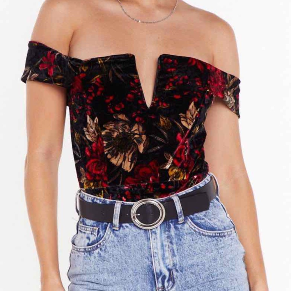 Velvet Floral Off the Shoulder Bodysuit